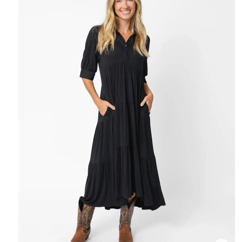 Womens Natural Life Tiered Maxi Dress Black Size XL EUC!